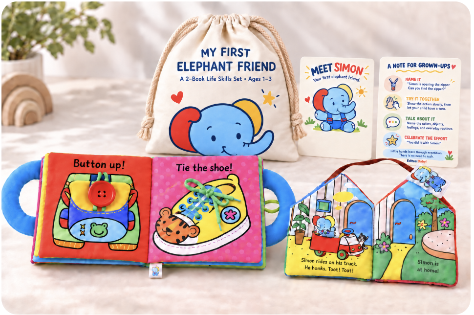 Preview of the My First Elephant Friend two-book cloth set and storage bag