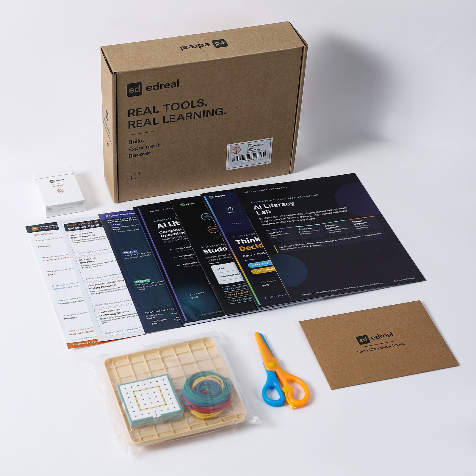AI Literacy Lab box, curriculum books, evidence cards, thinking board materials, and hands-on tools