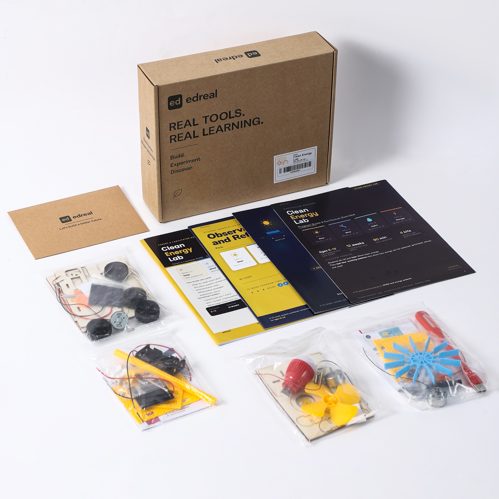 Clean Energy Lab box, curriculum books, experiment tools, and four physical model kits