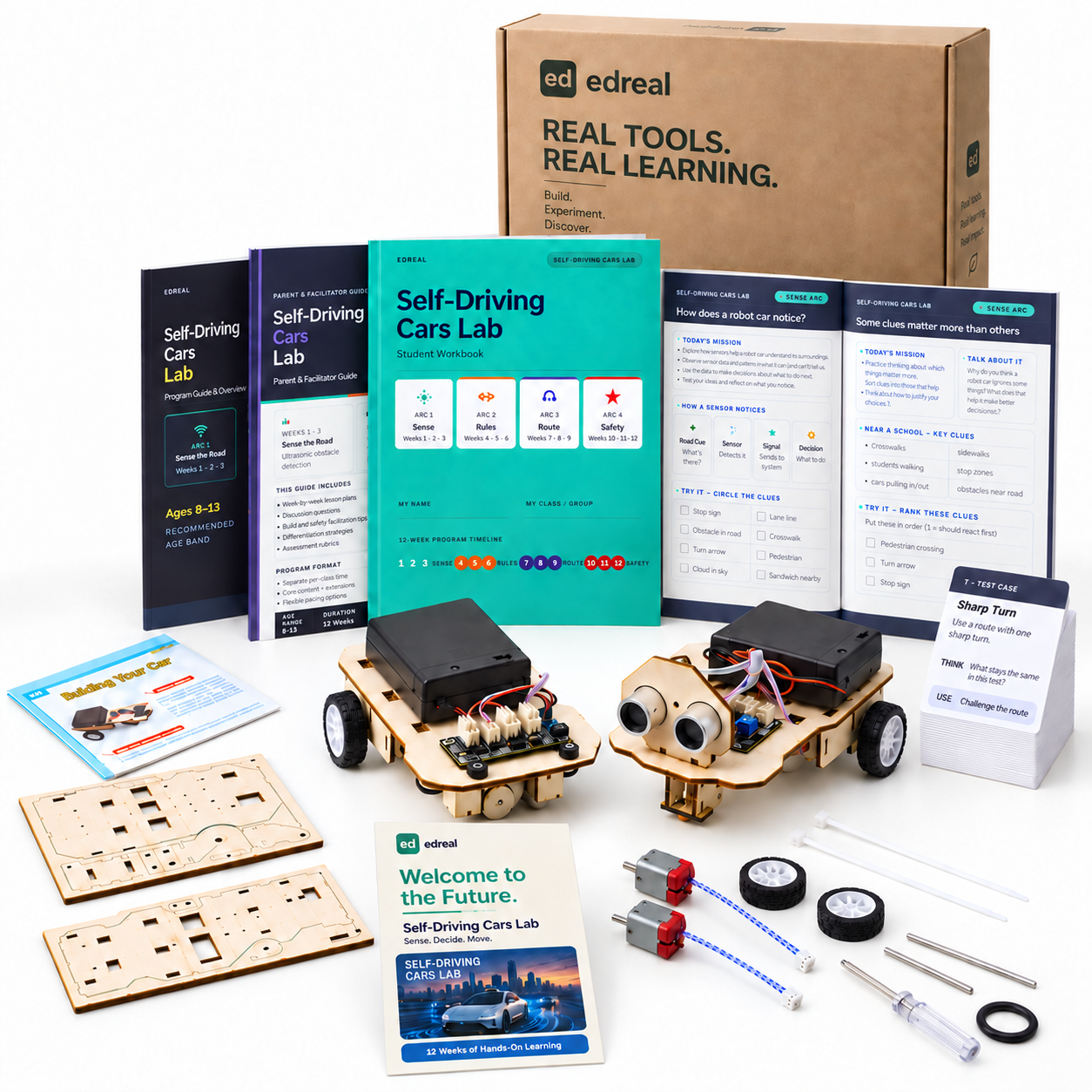 Self-Driving Cars Lab curriculum set with two robot-car models, books, cards, box, and hands-on components