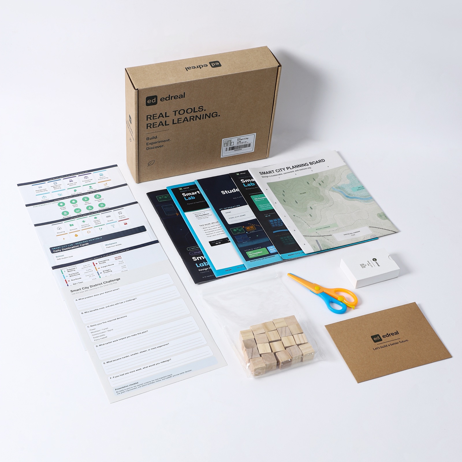 Smart City Lab box, curriculum books, planning board, city materials, cards, and building blocks