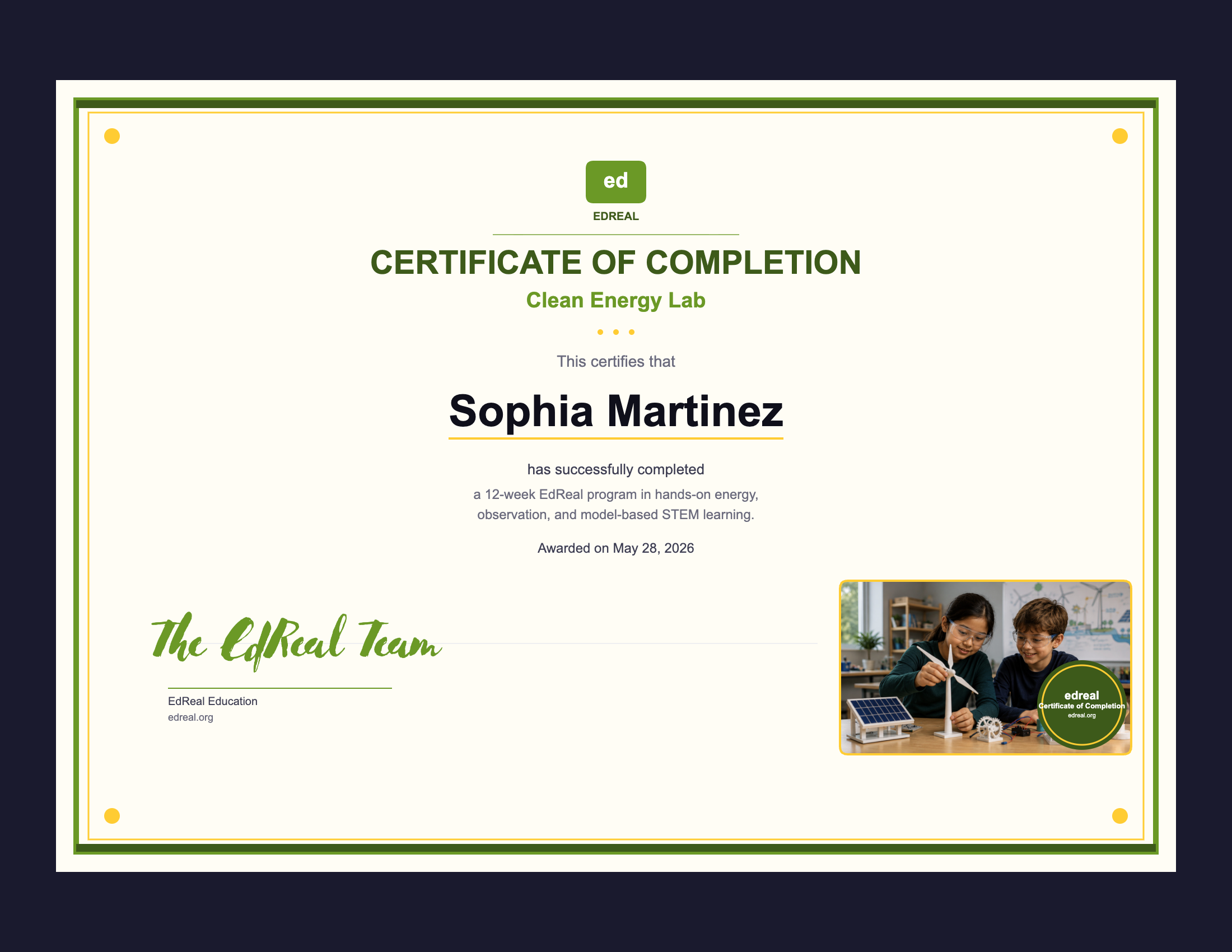 Sample EdReal certificate of completion