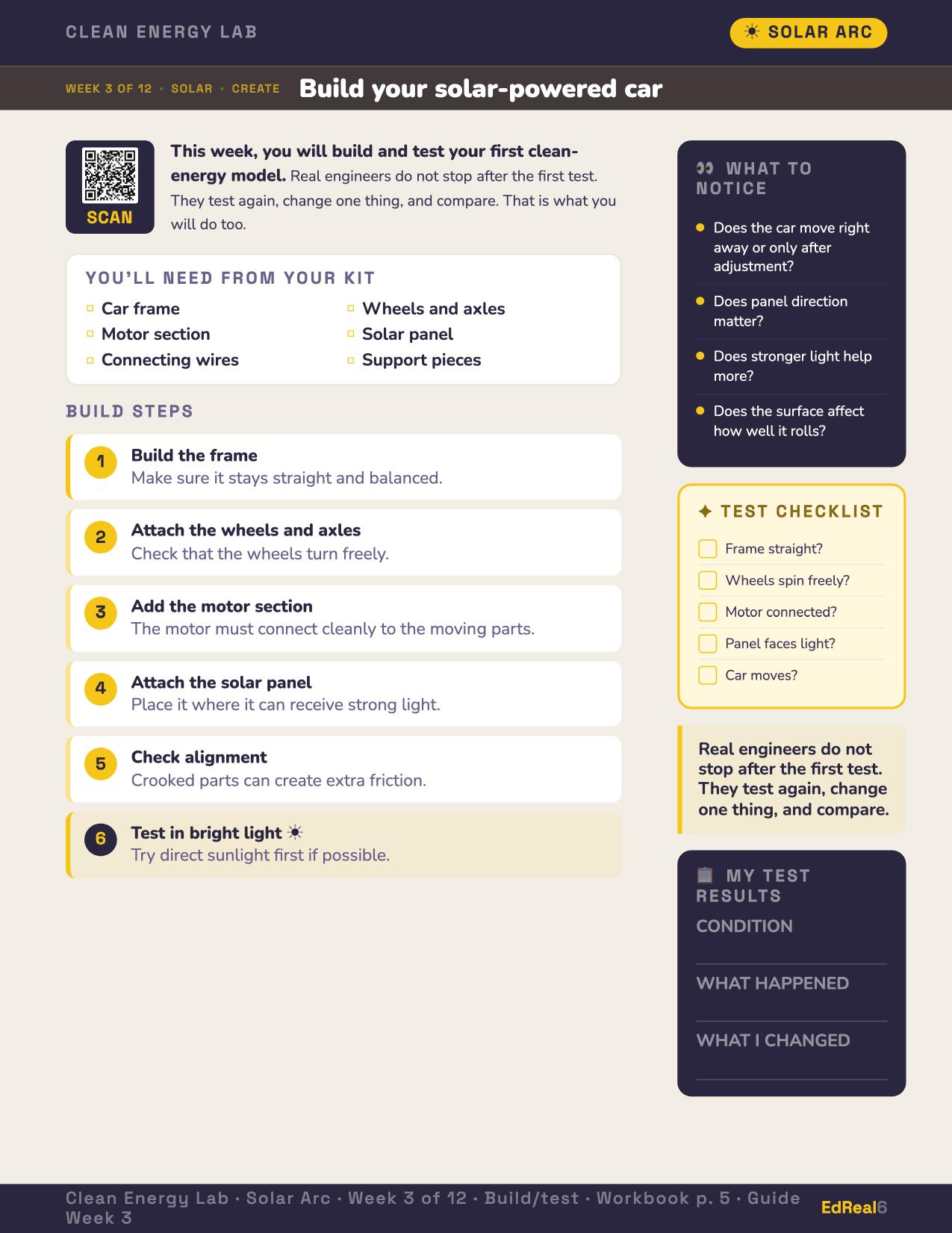 Week 3: Build your solar-powered car — step-by-step build and a test checklist.